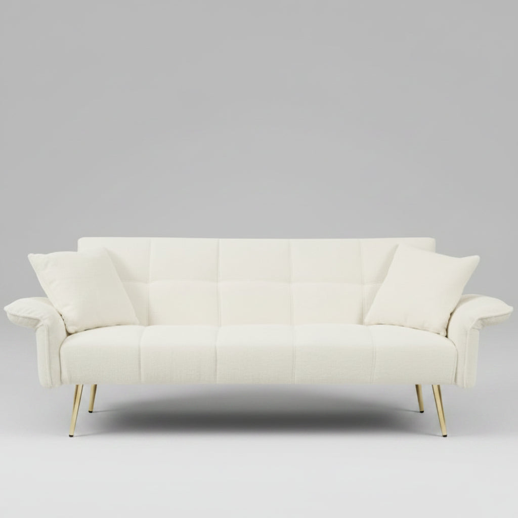 Modern 70 inch beige velvet convertible futon sofa bed with adjustable armrests shown in a living room setting