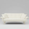 Modern 70 inch beige velvet convertible futon sofa bed with adjustable armrests shown in a living room setting
