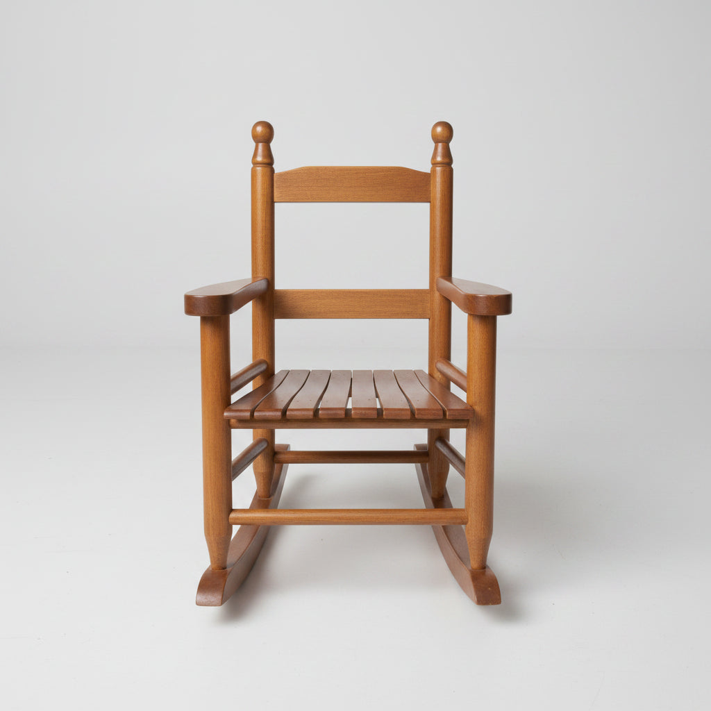 Children's solid oak wooden rocking chair with slatted backrest in a nursery setting