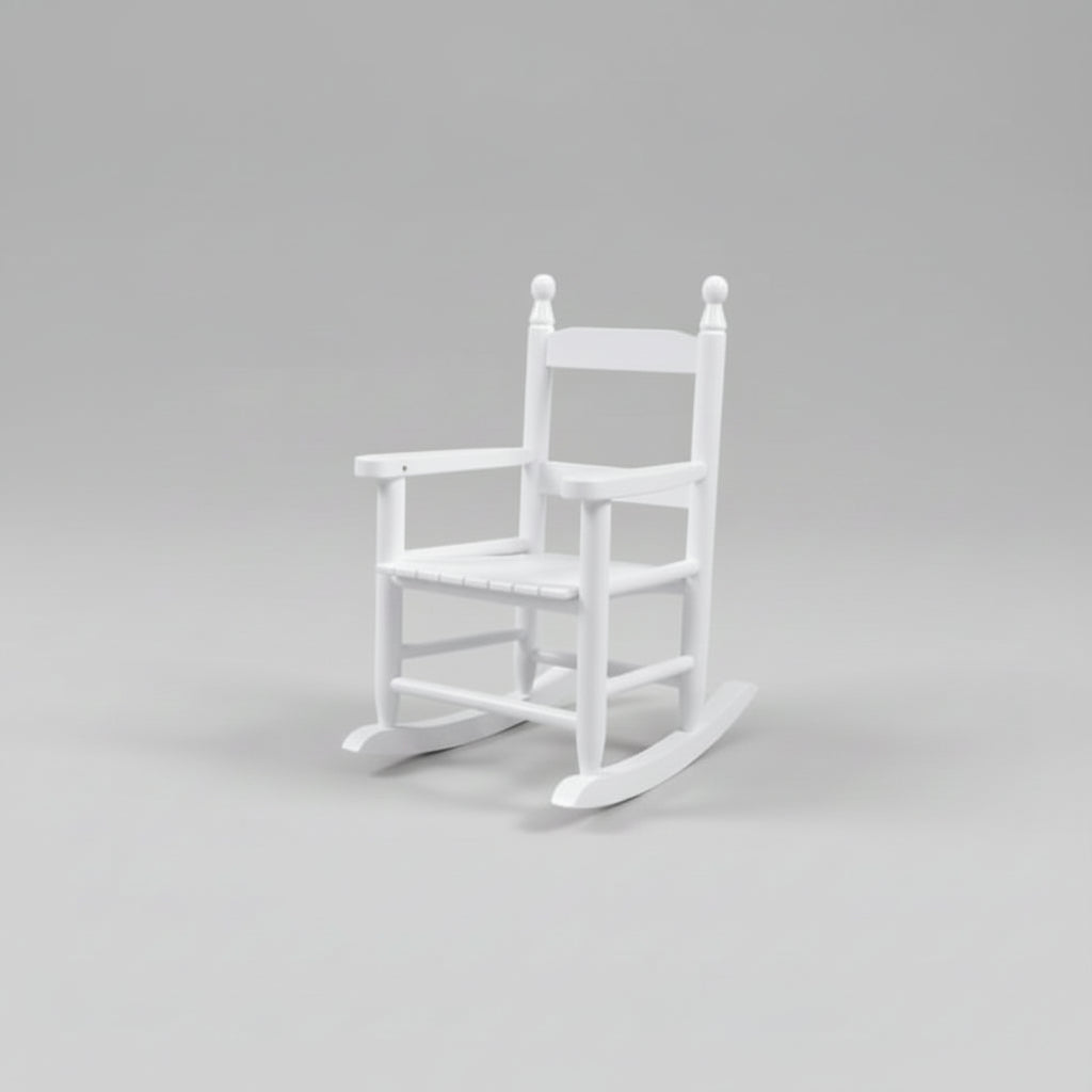 White rocking chair in a room with a window, dresser, and plants.