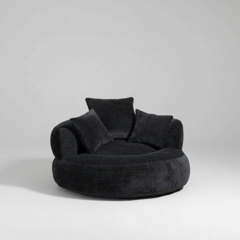 COOLMORE oversized chenille lazy sofa bean bag chair with high back and 3 pillows in a modern bedroom setting