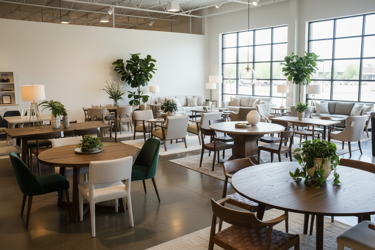 Modern interior design showroom with furniture and decor