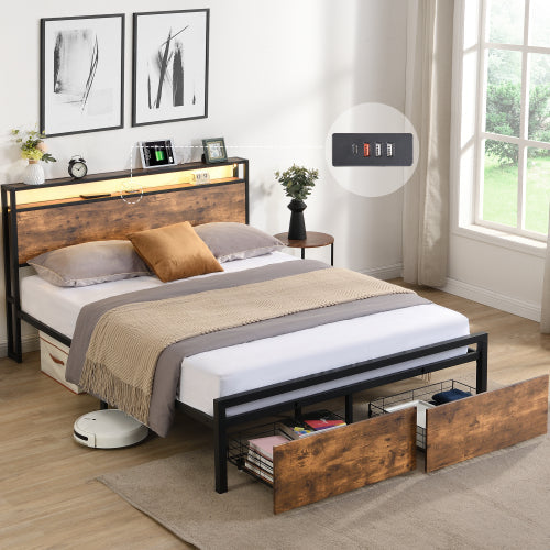 Queen size LED bed frame with storage headboard and drawers